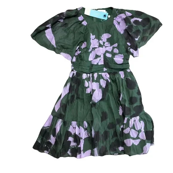 Tanya Taylor Angele Dress Womens S Green Floral Silk Flutter Sleeve Mini Spring - Picture 3 of 11